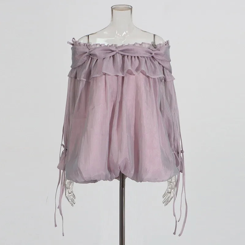 SXTHAENOOLoose Elegant Solid Blouses For Women Slash Neck Off The Shoulder Sleeve Spliced Folds Temperament Blouse FemaleFashion