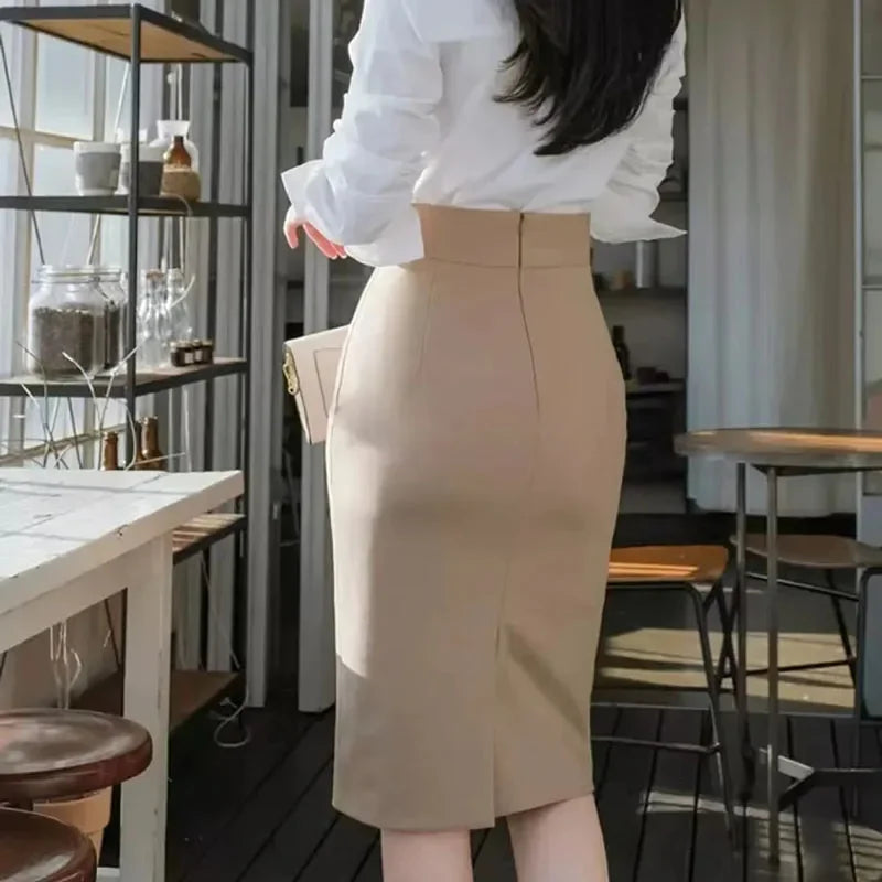 Elegant High Waisted Office Lady Pencil Skirt Korean Fashion Slim Fit Package Hip Midi Skirts Women Solid Color All-match Skirts