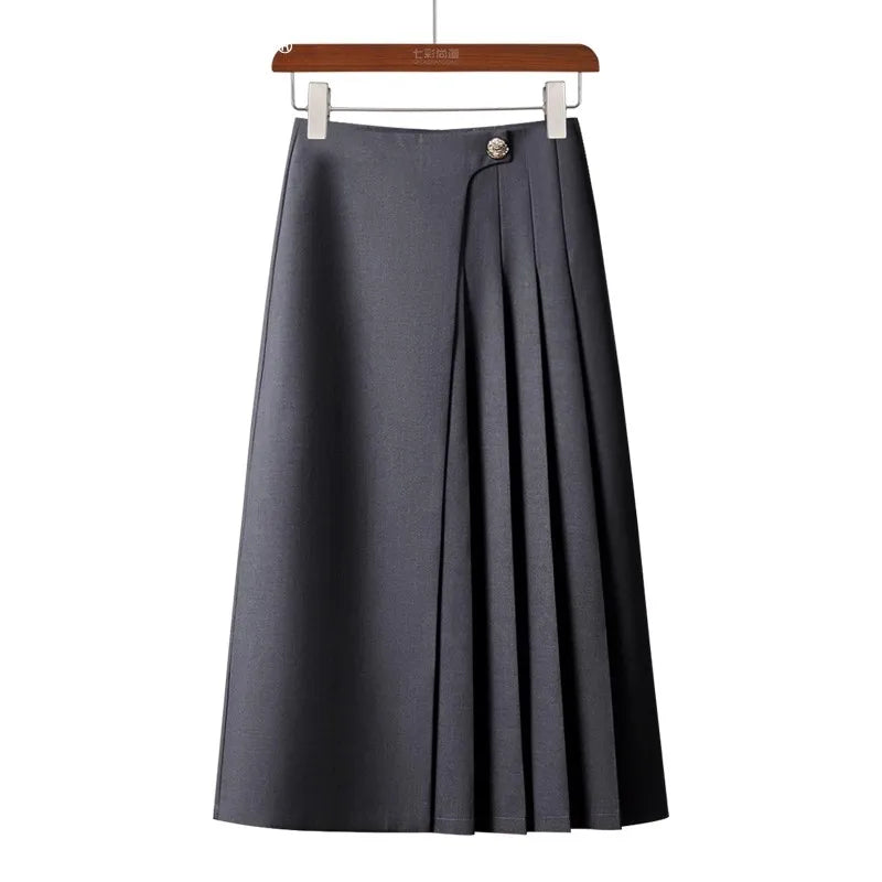 Business Style Mid-length Women' Pleated Skirt High Waist A-line Asymmetrical Office Ladies Work Casual Skirts