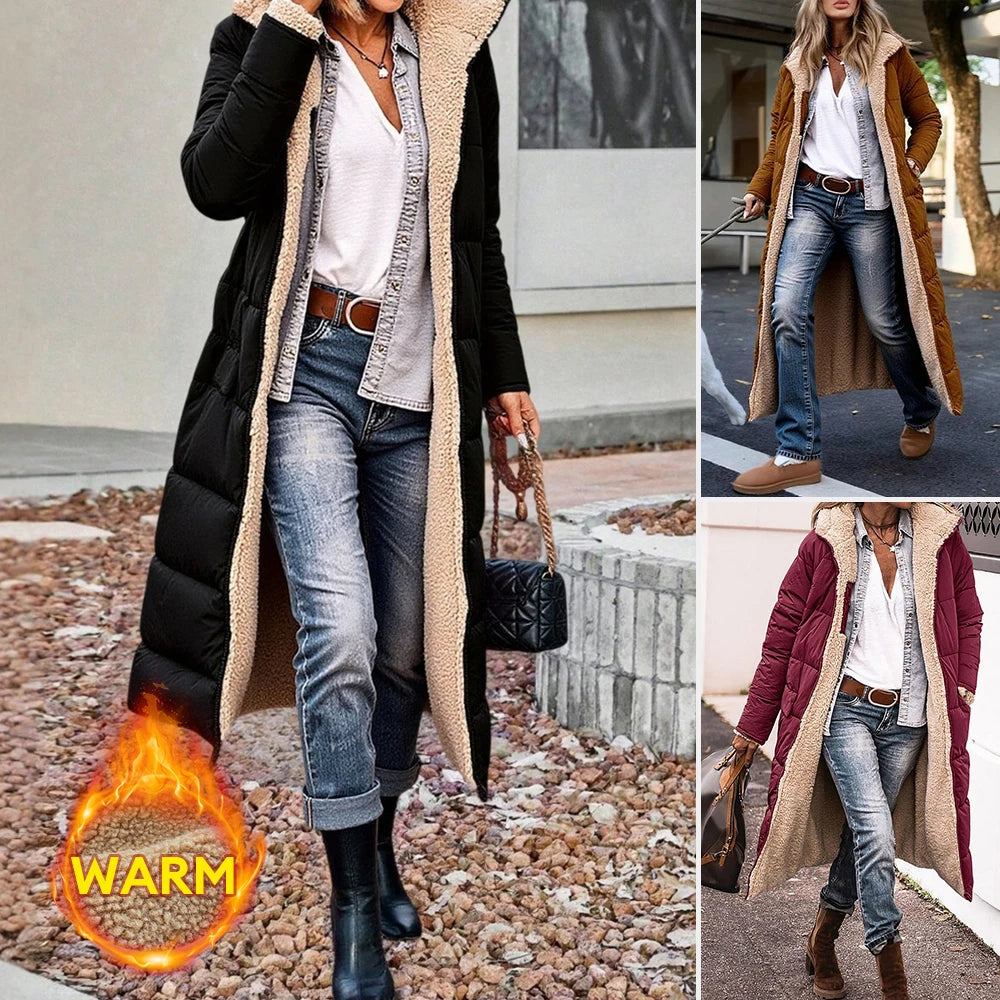 Women's Coats 2025 Winter Fashion Solid Long Sleeve Clothing Woman Hooded Fleece Lined Side Pockets Daily Coats Plus Size