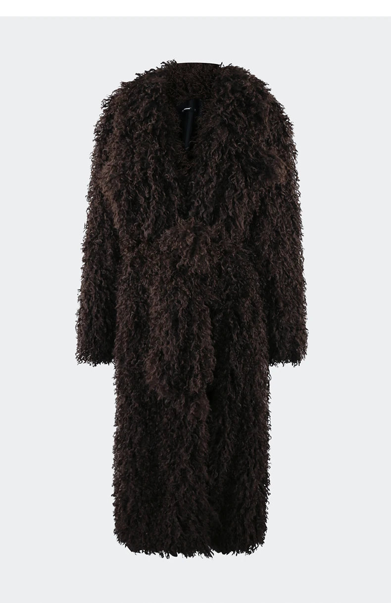 Lautaro Winter Extra Long Soft Thick Warm Fluffy Black Fuzzy Shaggy Hairy Faux Fur Coat Women Sashes Luxury Furry Overcoat 2023