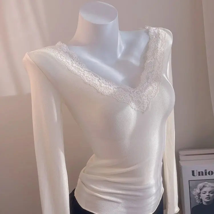 Women's Blouses Sexy Lace Deep V Neck Long Bell Sleeves Top Slim Fit Low Cut Sheer Mesh Shirt For Spring Fall Women's Clothing