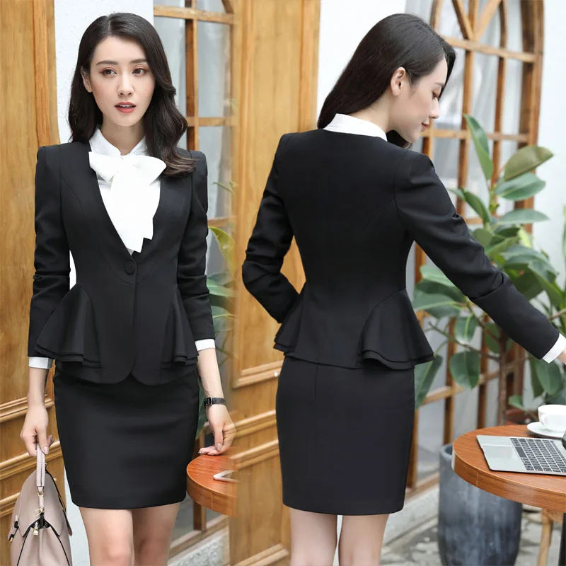 Slim 2 Piece Blazer and Skirt 2024 Spring Autumn New Fashion Office Ladies Ruffle Hem Single Button Blazers Solid Skirt Suits