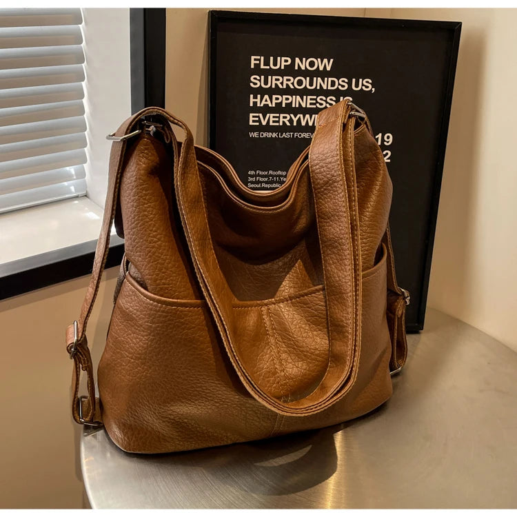 Versatile Student PU Backpack Women New Large Capacity Commute Travel Shoulder Crossbody Bags Fashion All-matched Tote Bag