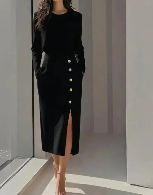 Women's Elegant High Waist Dresses 2025 Autumn New Fashion Temperament Solid Color Round Neck Button Decor Slit Dress for Women