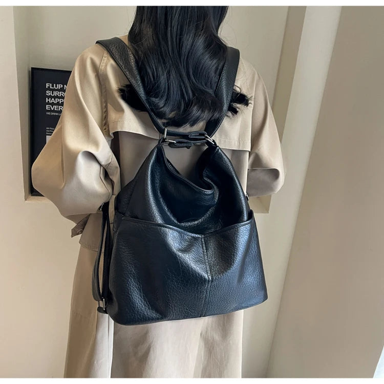 Versatile Student PU Backpack Women New Large Capacity Commute Travel Shoulder Crossbody Bags Fashion All-matched Tote Bag