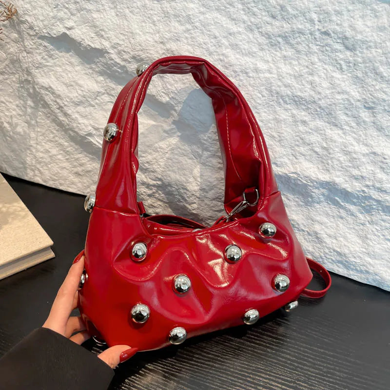Black Half Moon Underarm Bag For Women Luxury Studded Beading Handbags Red Purse Solid Color Pu Leather Shoulder Crossbody Bags