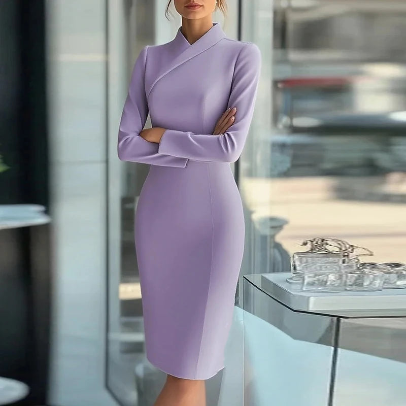 Elegant Office Lady Dress Women Fashion Long Sleeve Solid Color Bodcyon Dresses For Women Spring Autumn Party Dress