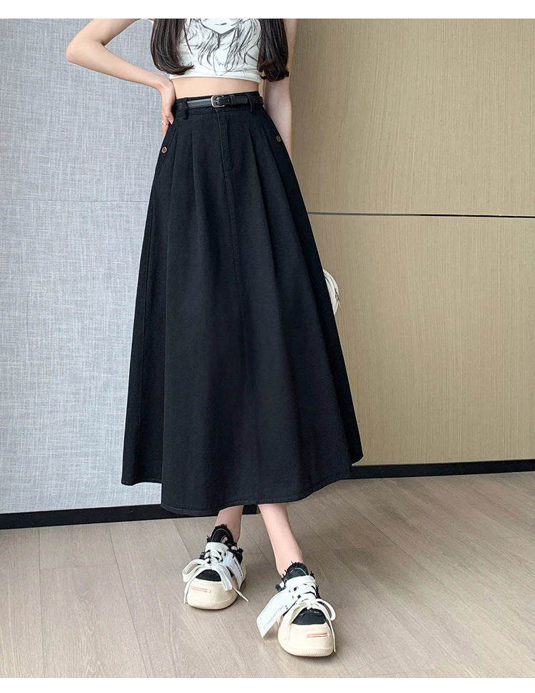 Seoulish Denim Skirts for Women 2024 Spring Summer New High Waist A-line Large Hem Office Lady Umbrella Skirt Pleated Long Skirt