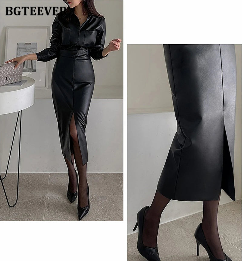 BGTEEVER Stylish Skinny PU Leather Skirts for Women Autumn Winter Elegant Slim Split Package Hip Pu Skirts Female