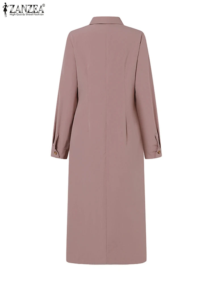 ZANZEA Women Lapel Long Sleeve Vestidos 2025 Spring Solid Work Dresses Casual Waisted No Belted Robe Office Lady Midi Spilt Robe