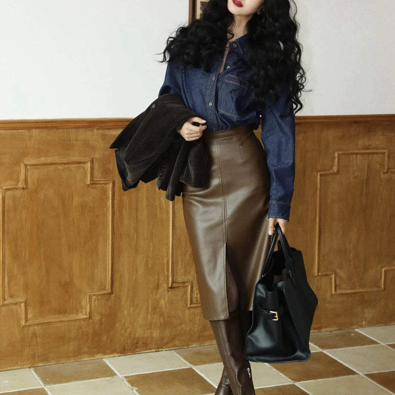 Real Leather Bodycon Skirts Women Spring High Waist Slim Midi-length Ladies Sexy Front Split Black Brown Split Sheepskin Skirts