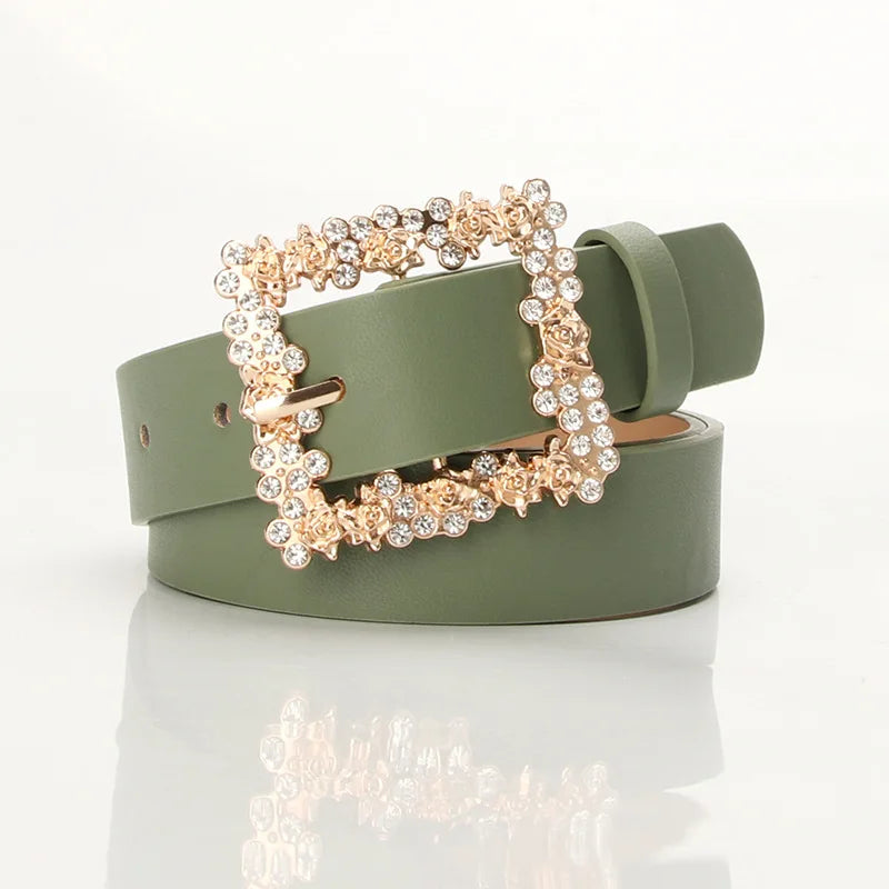 Fashionable Belts for Woman Shiny Rhinestone Beautiful Square Wreath Metal Buckle Solid Color PU Belts