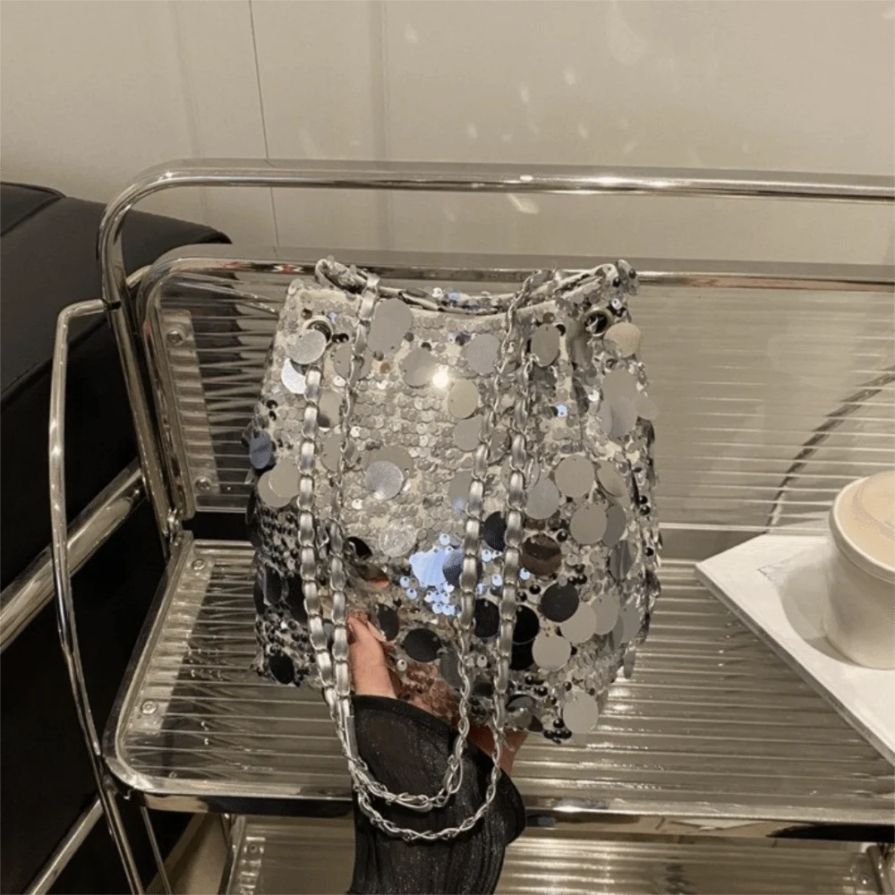 Casual Shiny Evening Banquet Bag Korean Style Handheld Sequin Shoulder Bag Large Capacity Chain Bucket Bag Women