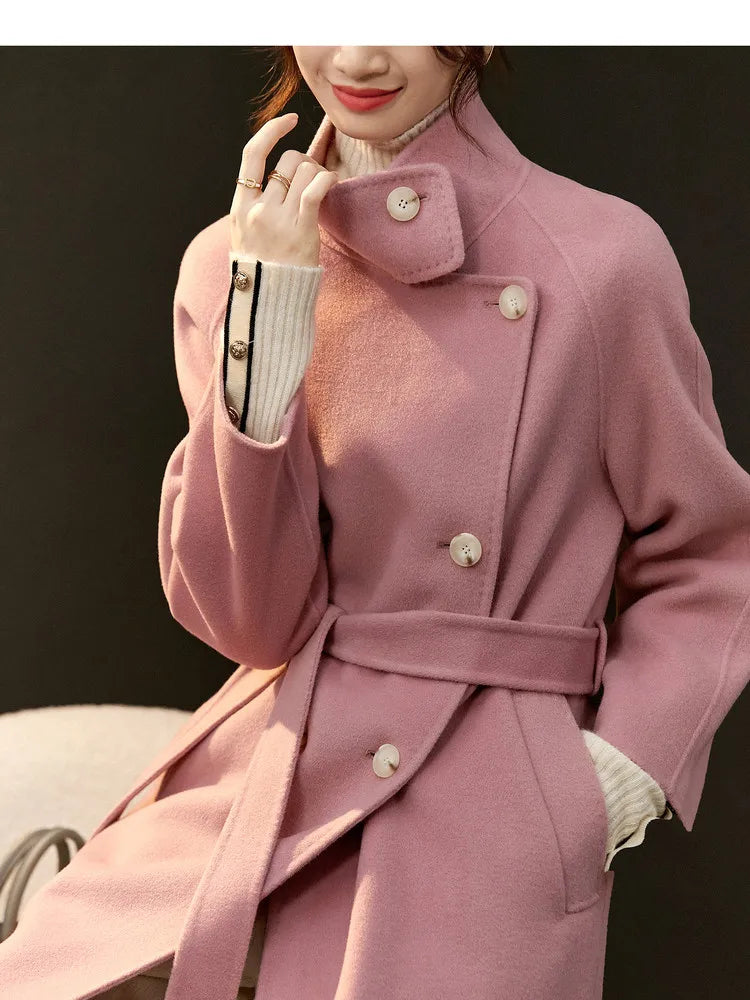 SENTUBILA Women's Long Woolen Overcoats 2025 Winter Outerwear Elegant Turtleneck Warm Double Breasted Belt Wrap Coat W24O42064