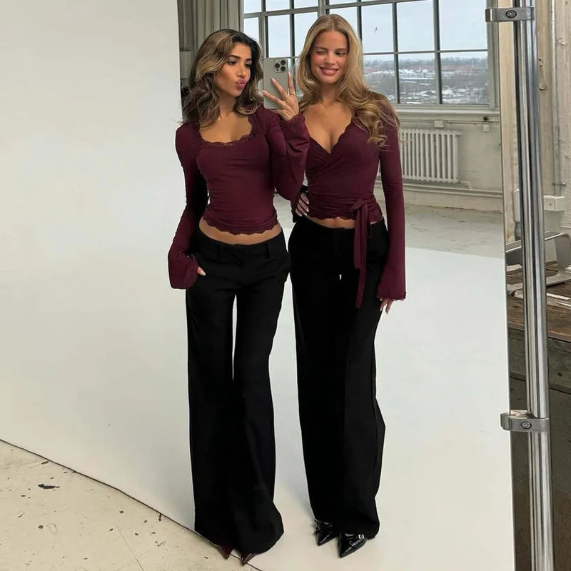 FDYOUI Lace Patchwork Long Sleeve T-shirts Streetwear Y2K Woman Clothes Casual Fashion Square Collar Slim Pink Tee Shirt Tops