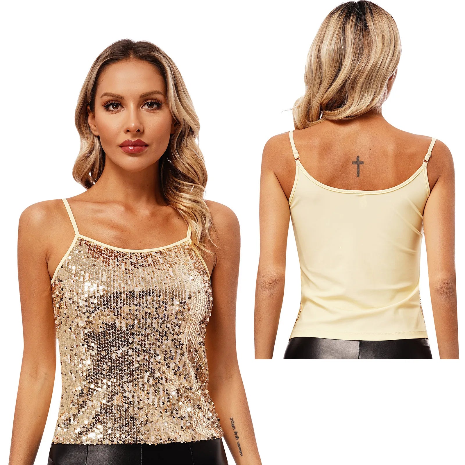 Womens Adjustable Spaghetti Straps Sparkly Sequin Tops Slim Fit Patchwork Tank Top for Pole Dancing Disco Night Out Costume