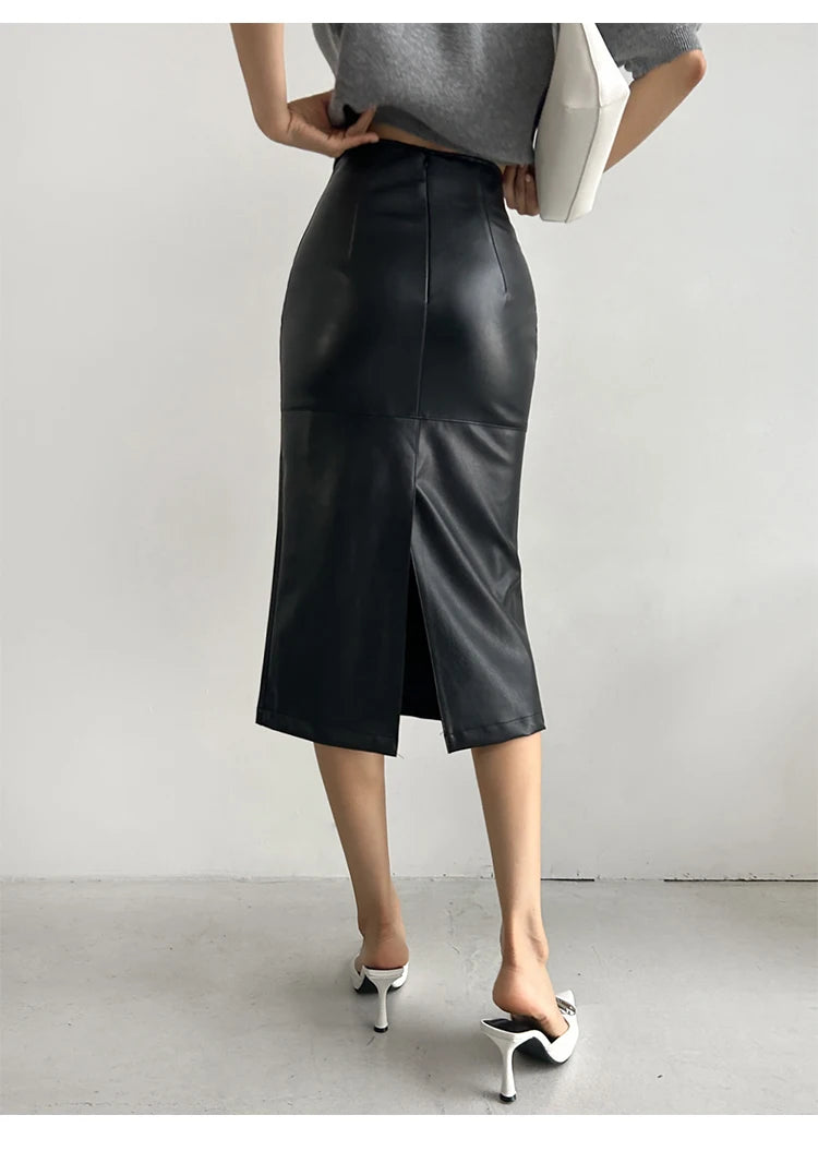 New Fashion Pu Leather Skirt Women Fashion Autumn High Waist Slim Split Wrapped Hip Pencil Skirts Elegant Office Lady Jupe