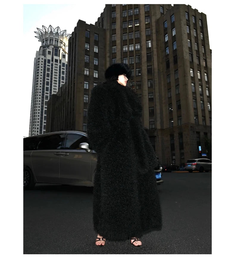 Lautaro Winter Extra Long Soft Thick Warm Fluffy Black Fuzzy Shaggy Hairy Faux Fur Coat Women Sashes Luxury Furry Overcoat 2023