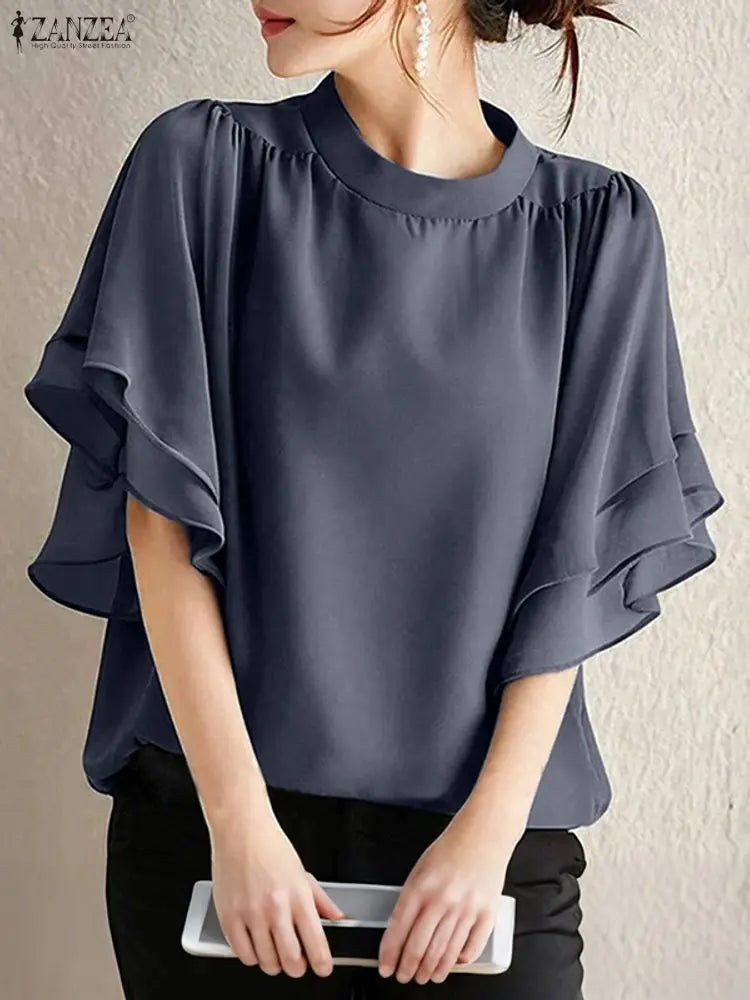 Women Blouse ZANZEA Elegant Office Lady Ruffled Shirts Half Sleeve Solid Casual Fashion Tops 2025 Summer OL Blusas Femininas
