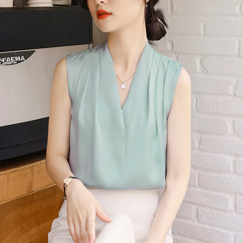 2025 New Summer Satin Tank Top Women's Blouses Sleeveless Solid Cross V-neck Casual Korean Elegant Vest Shirts for Womens