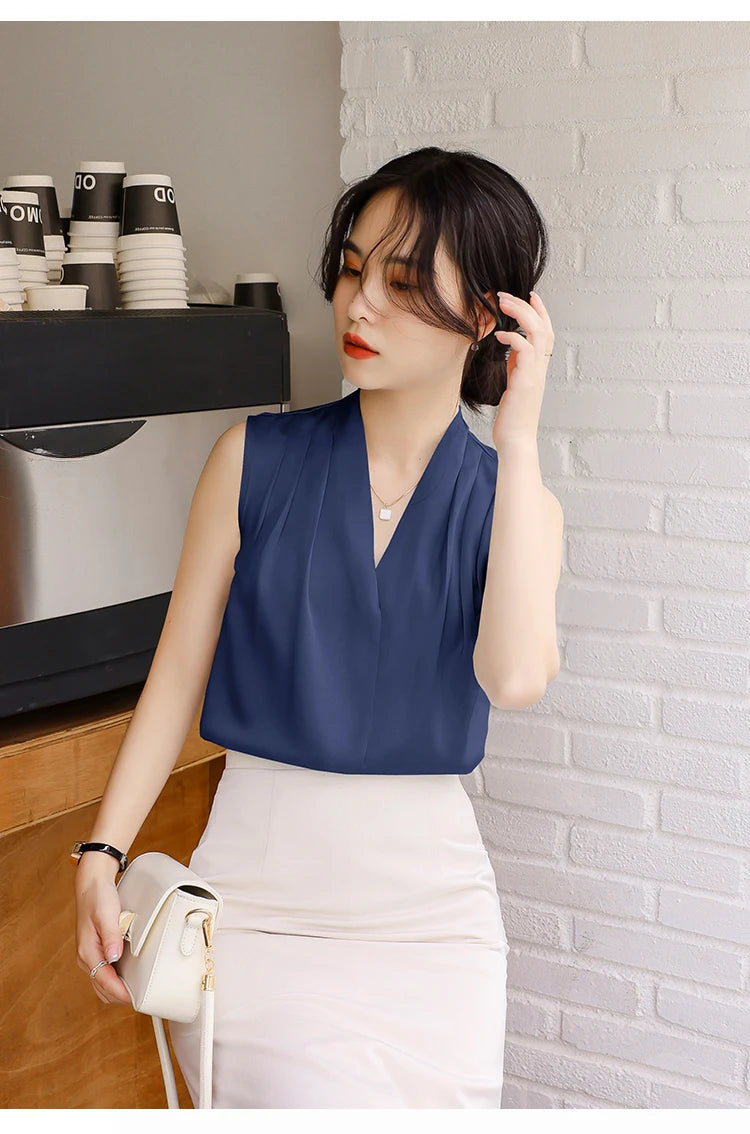 2025 New Summer Satin Tank Top Women's Blouses Sleeveless Solid Cross V-neck Casual Korean Elegant Vest Shirts for Womens
