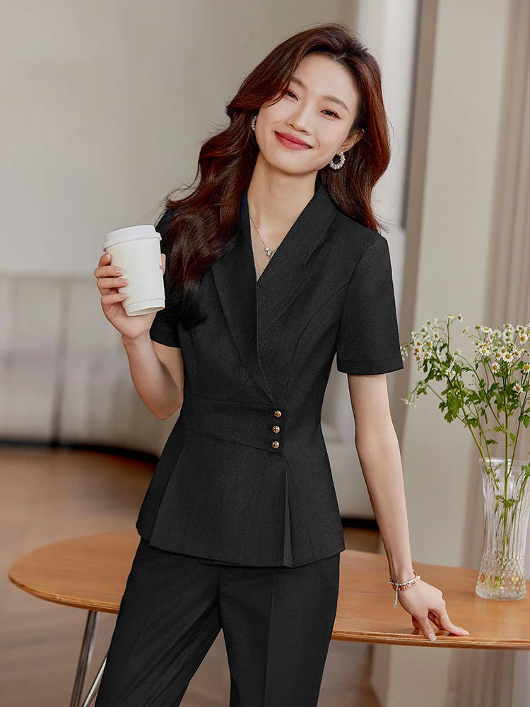 High End Office Ladies Formal Skirts Suits Women Summer 2024 New Korean Fashion Solid Long Sleeve Blazer Trousers 2 Piece Set