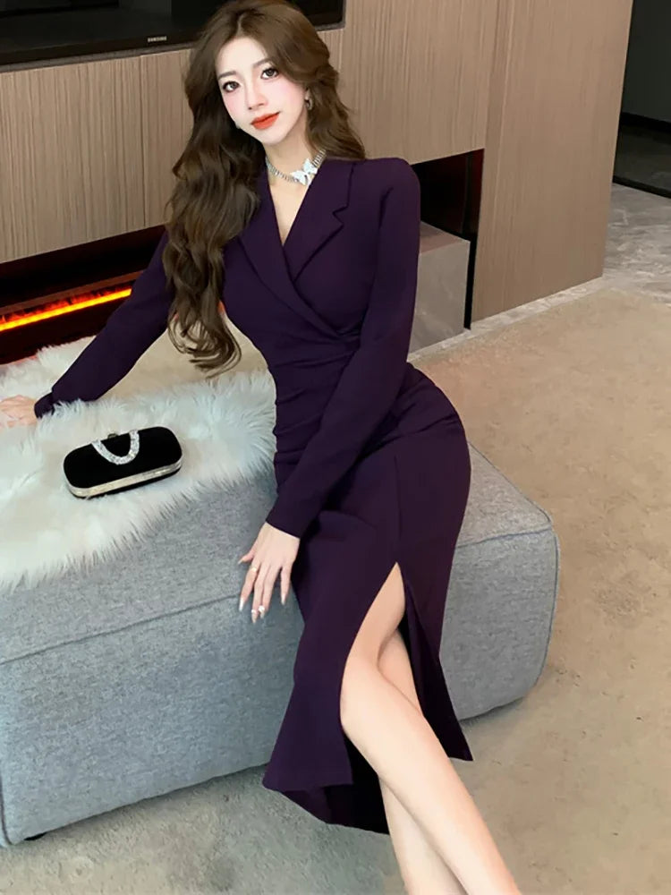 Purpled Elegant Pleated Bodycon Suit Dress for Women 2025 Korean Fashion Formal Dress Autumn Winter Chic Bespoke Occasion Dress