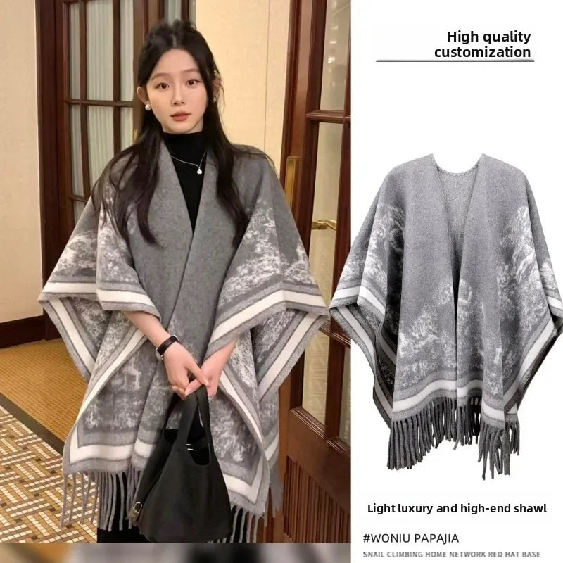 Light luxury and high-end shawl jacket for women in autumn and winter fashion, ancient style warm scarf, cloak outer outfit