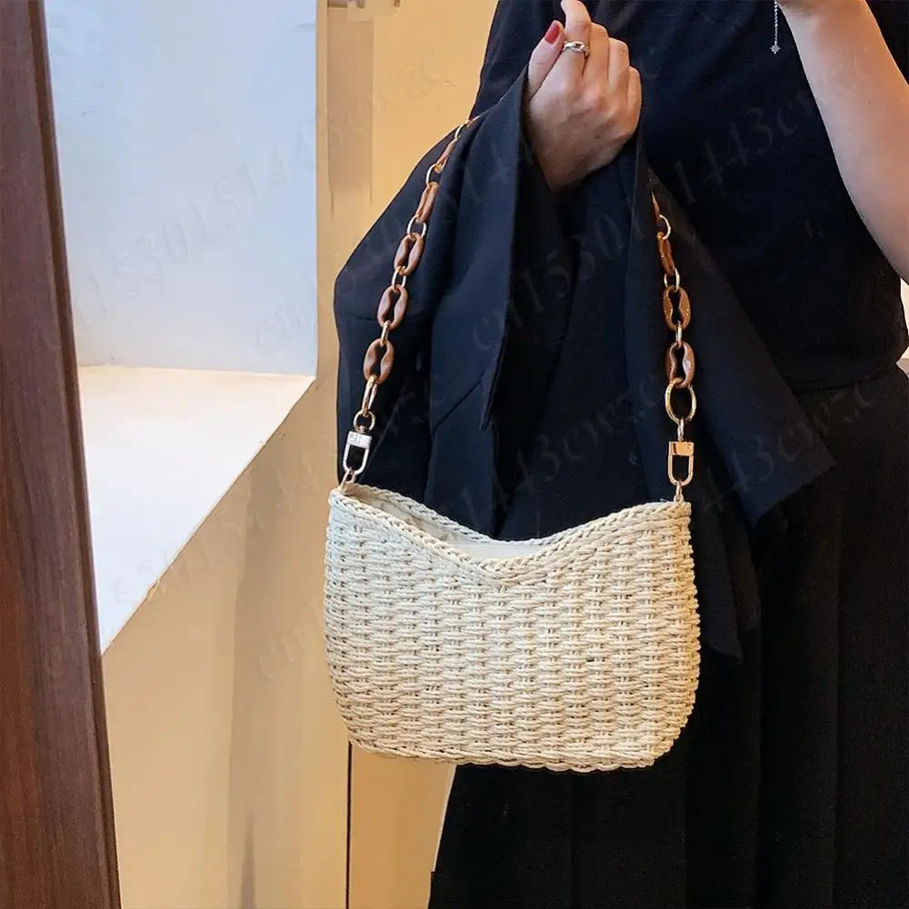Straw Purse for Women with Chain Woven Shoulder Bag Zipper Underarm Bag Large Capacity Clutch Purse for Travel Vacation