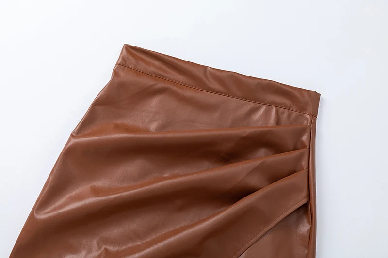 2025 Spring/Summer Women's PU Split Skirt High Waist Zipper Fold Leather Skirt European and American Sexy Hip Bag Skirt