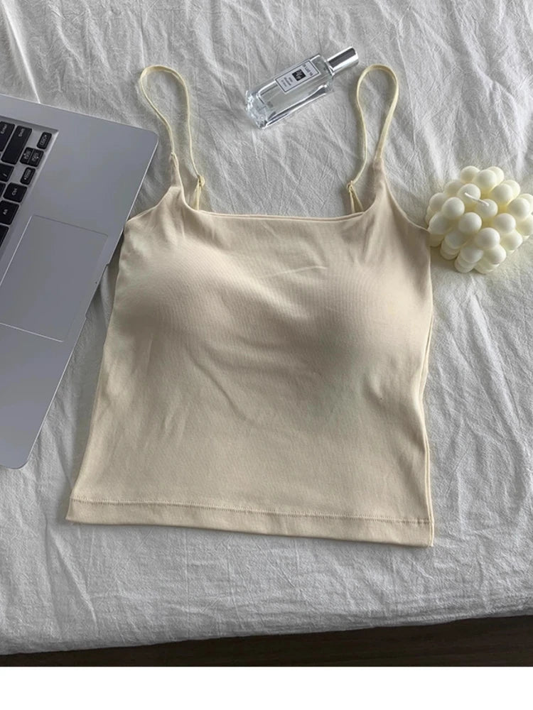 2025 Women With Built In Bra Spaghetti Strap Tanks Summer Camis Tank Casual Tops For Woman Solid Color Female Korean Style