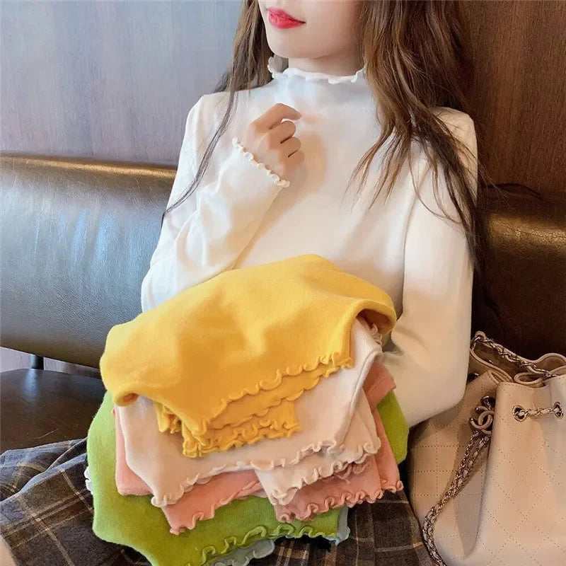 2025 Autumn and Winter Women Blouse Long Sleeve Solid Slim Turtleneck Fleece Versatile Tops Tees Female