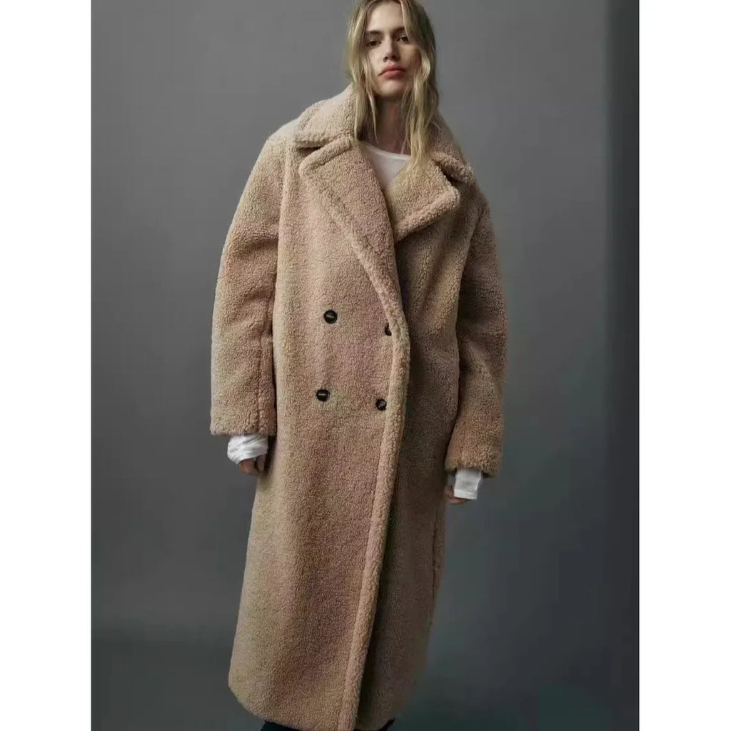 Over-Knee Fleece-Lined Casual Lapel Coat Double-Button Decoration Loose Women's Outerwear Versatile Beige New Year's Quality Sty