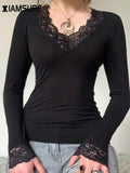 Casual Solid Lace Trim T Shirt Basic Slim V-Neck Long Sleeve Tees Women 2024 Autumn Spring Fashion Streetwear Ladies