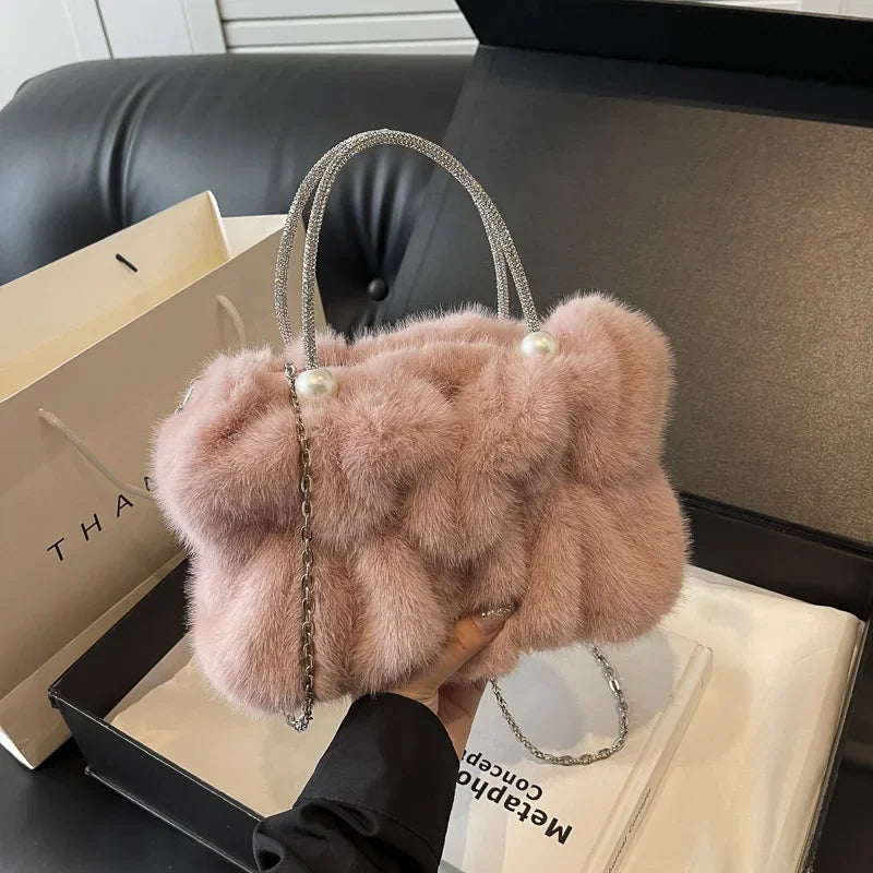 Soft Plush Evening Bags For Elegant Women Fur Dinner Party Clutch Chain Crossbody Winter Warm Luxury Designer Handbags