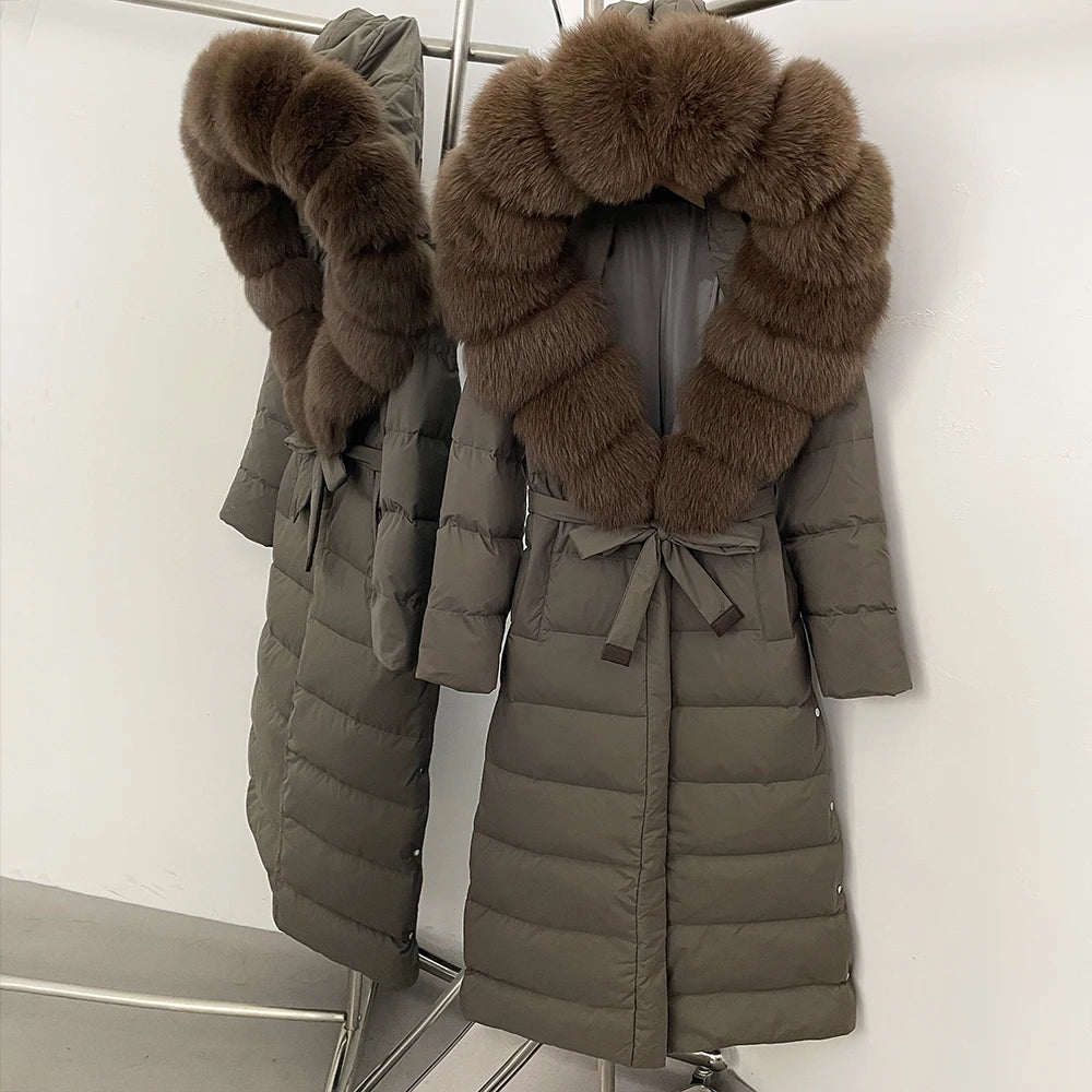 OFTBUY Large Real Fox Fur Collar X-Long Puffer Jacket Women Hooded Winter White Duck Down Coat Thick Female Parkas With Belt