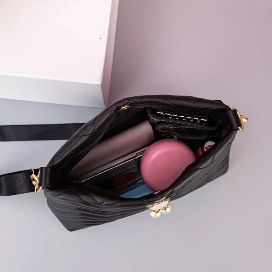 Women's Quilted Crossbody Bag with Cat Pearl Pendant - Elegant Shoulder Purse for Holiday gifts, 2025 Stylish Novelty Handbag