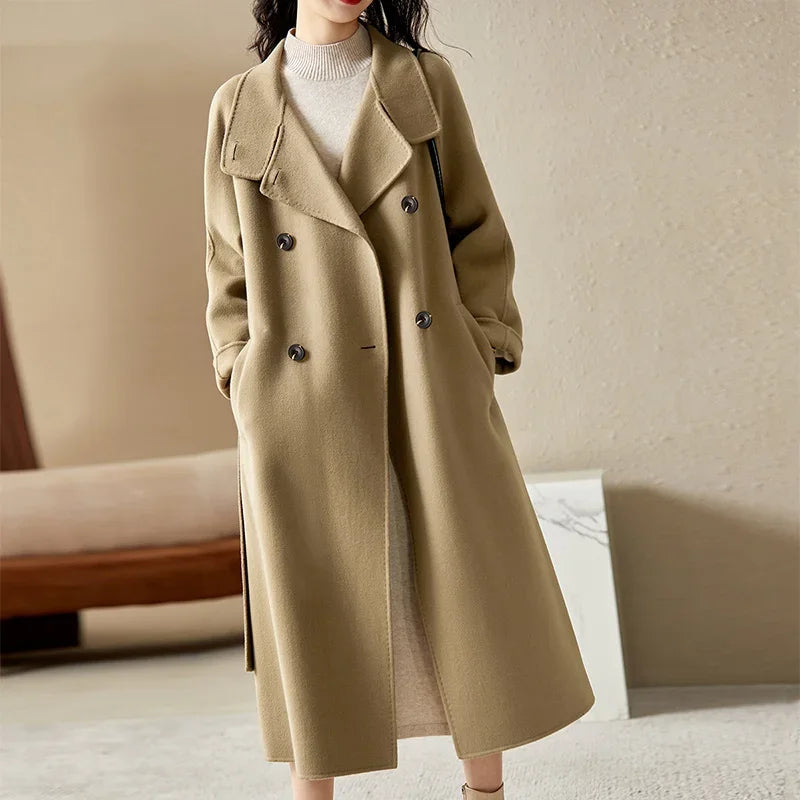 SENTUBILA Women's Long Woolen Overcoats 2025 Winter Outerwear Elegant Turtleneck Warm Double Breasted Belt Wrap Coat W24O42064