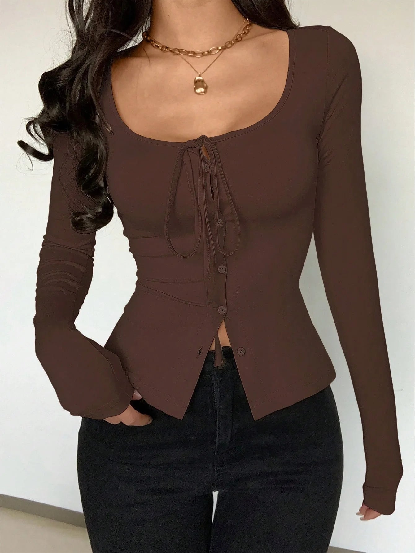 2025 New Women's Long-sleeved T-shirt White Slim Button Pink Cardigan Top Short Fashion Hot Girl Lace-up Tees for Female