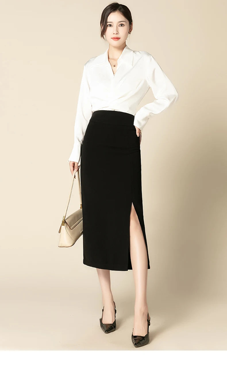 ZUZK Slit Hem Bodycon Skirt Women Elegant  High Waist Slim Skirt Spring Autumn Office Lady Mid-long Work Pencil Skirt