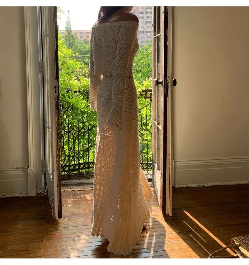 Women's Knitted Sweater Skirt Two-Piece Suit New Sexy Hollow Off-Neck Long Sleeve Sweater Skirt Suit