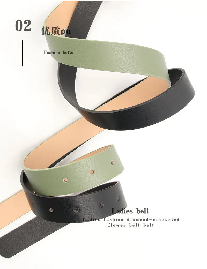 Fashionable Belts for Woman Shiny Rhinestone Beautiful Square Wreath Metal Buckle Solid Color PU Belts