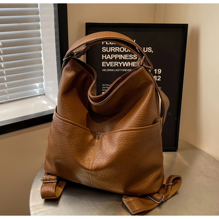 Versatile Student PU Backpack Women New Large Capacity Commute Travel Shoulder Crossbody Bags Fashion All-matched Tote Bag