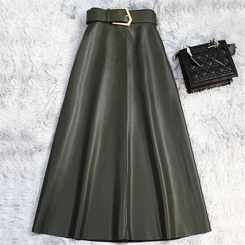 REALEFT Classic Faux PU Leather Long Skirts with Belted New High Waist Fashion Umbrella Skirts Ladies Female Autumn Winter