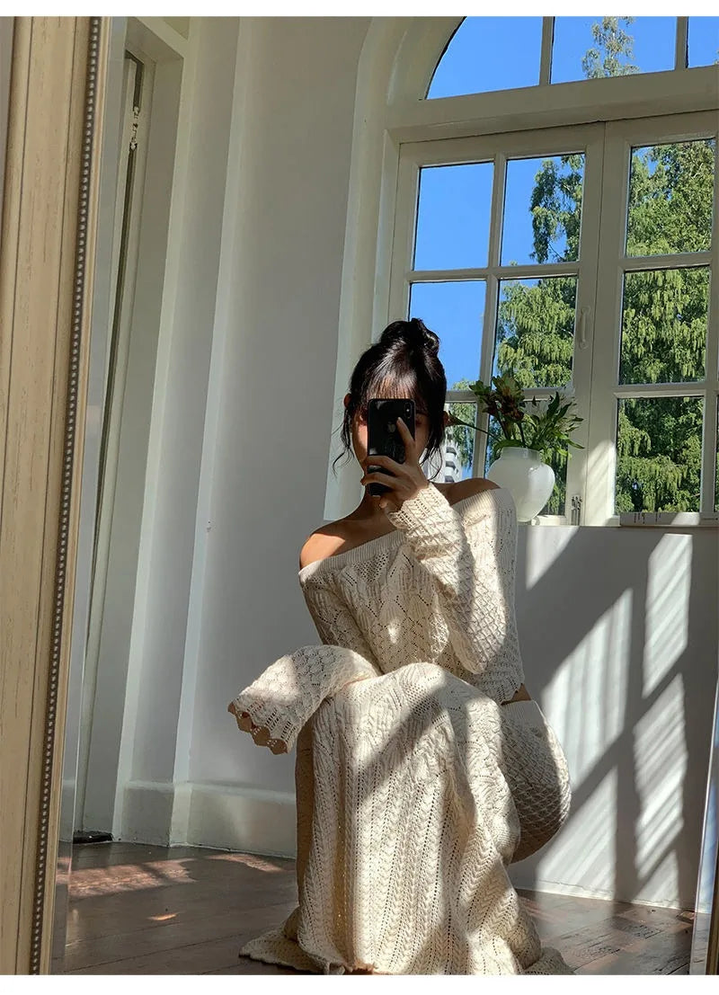 Women's Knitted Sweater Skirt Two-Piece Suit New Sexy Hollow Off-Neck Long Sleeve Sweater Skirt Suit