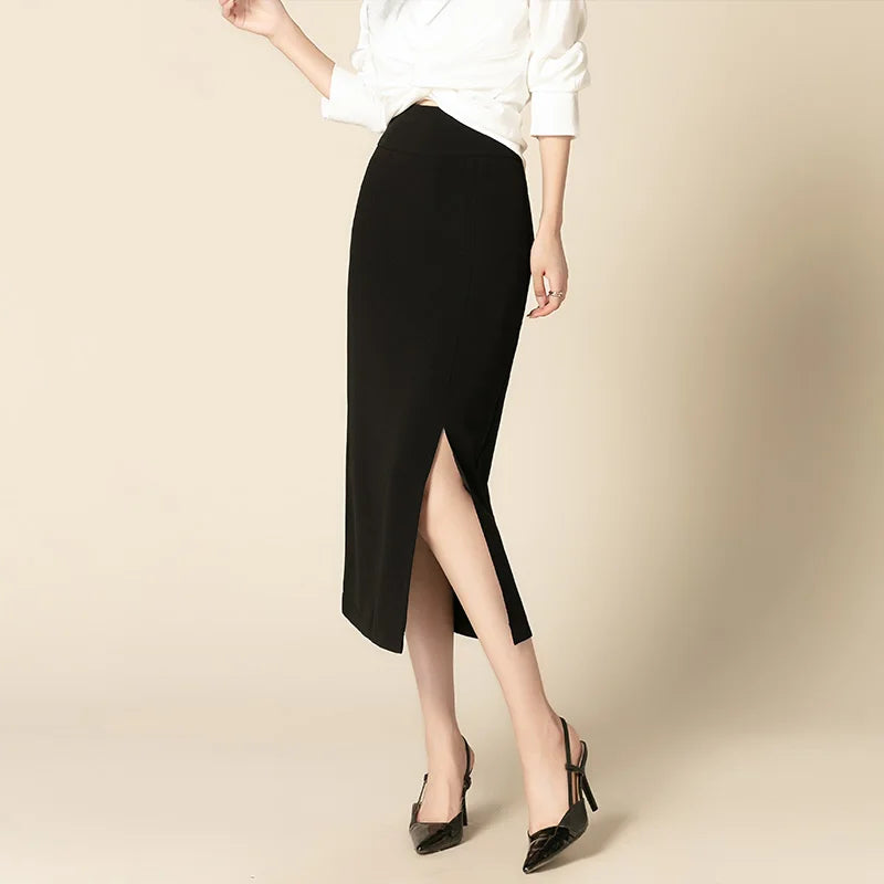 ZUZK Slit Hem Bodycon Skirt Women Elegant  High Waist Slim Skirt Spring Autumn Office Lady Mid-long Work Pencil Skirt