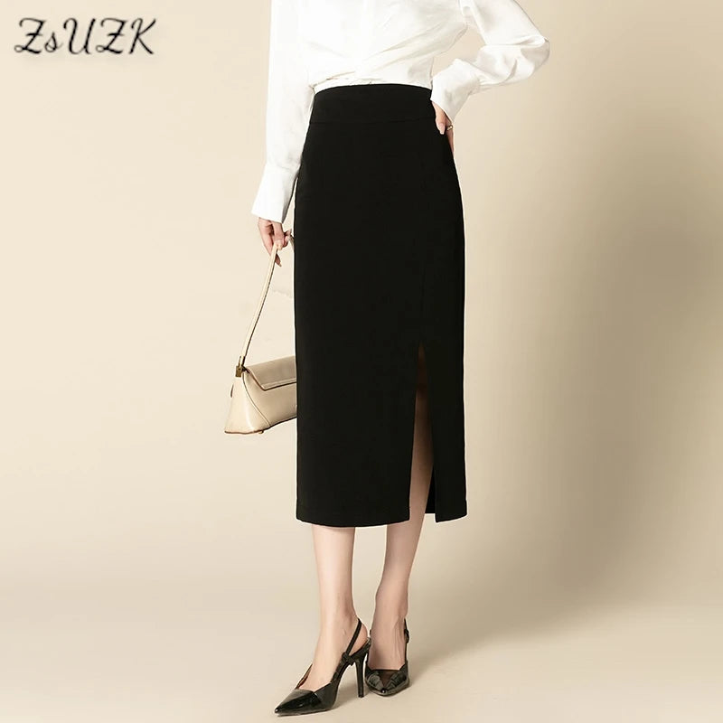 ZUZK Slit Hem Bodycon Skirt Women Elegant  High Waist Slim Skirt Spring Autumn Office Lady Mid-long Work Pencil Skirt