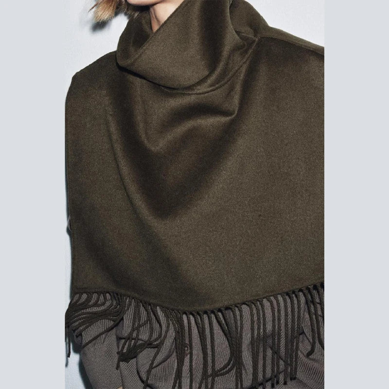 Solid Tassel Shawl for Women High Neck Sleeveless Soft Cape Top Irregular Hem Losse Cloak Jacket 2025 New Autumn Lady Shawls