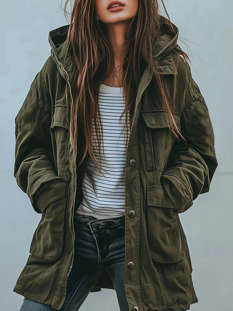 Army Green Women Hooded Jacket American Retro Single Breasted Pockets Trench Coat Autumn Winter High Street Outerwear Coat